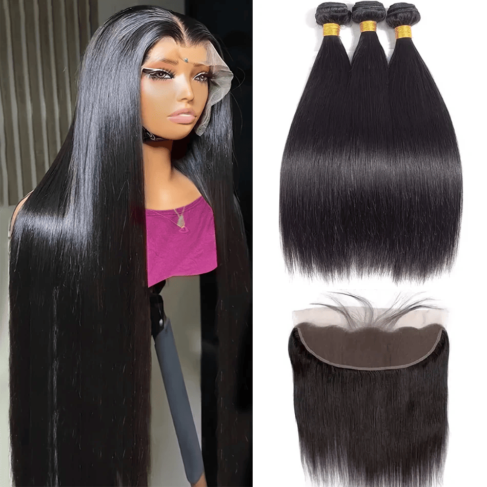 SL'HAIR Straight 1B# Color 3 Bundles With 13*4 Transparent Lace Frontal 100% Human Hair