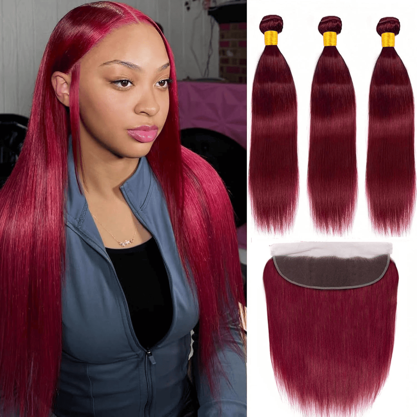 SL'HAIR Straight 99J# Color 3 Bundles With 13*4 Transparent Lace Frontal 100% Human Hair