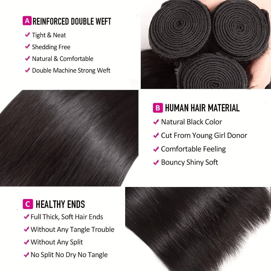 SL'HAIR Straight 1B# Color 3 Bundles With 13*4 Transparent Lace Frontal 100% Human Hair