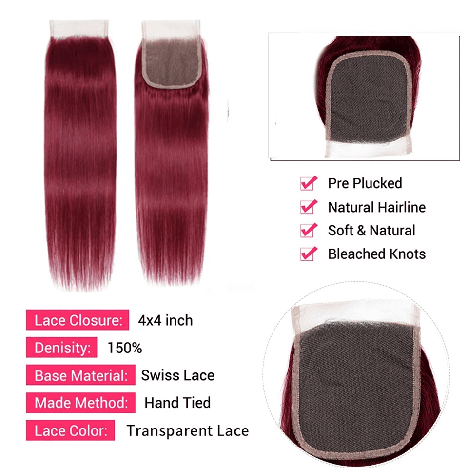 SL'HAIR Straight 99J# Color 3 Bundles With 4*4 HD Lace Closure 100% Human Hair