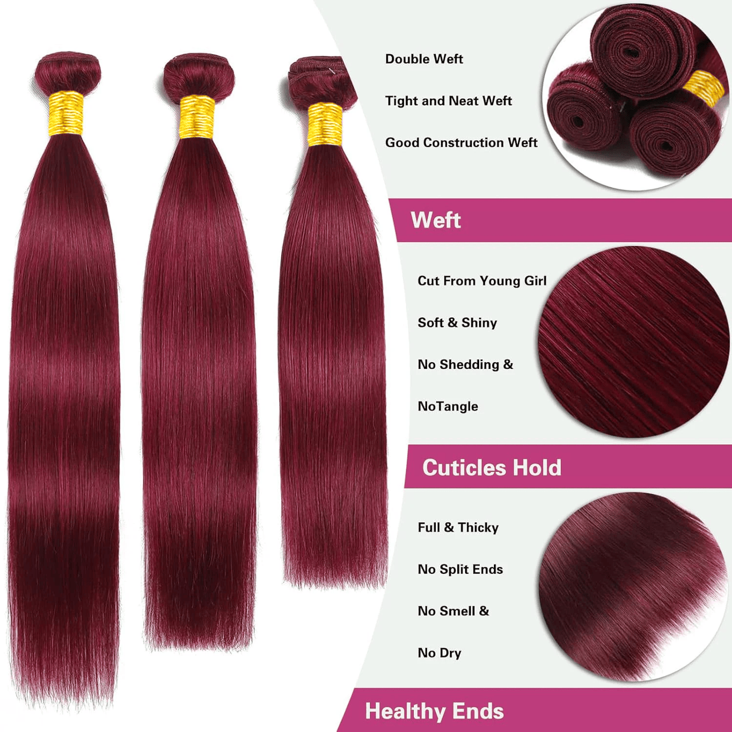 SL'HAIR Straight 99J# Color 3 Bundles With 13*4 Transparent Lace Frontal 100% Human Hair