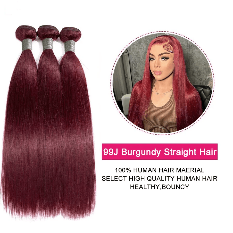Straight 99J# Color 3 Bundles With 4*4 Transparent Lace Closure 100% Human Hair