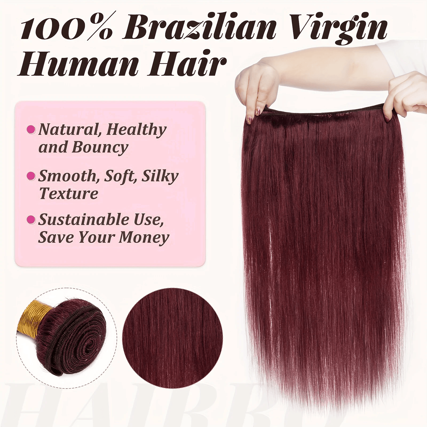 SL'HAIR Straight 99J# Color 3 Bundles With 13*4 Transparent Lace Frontal 100% Human Hair