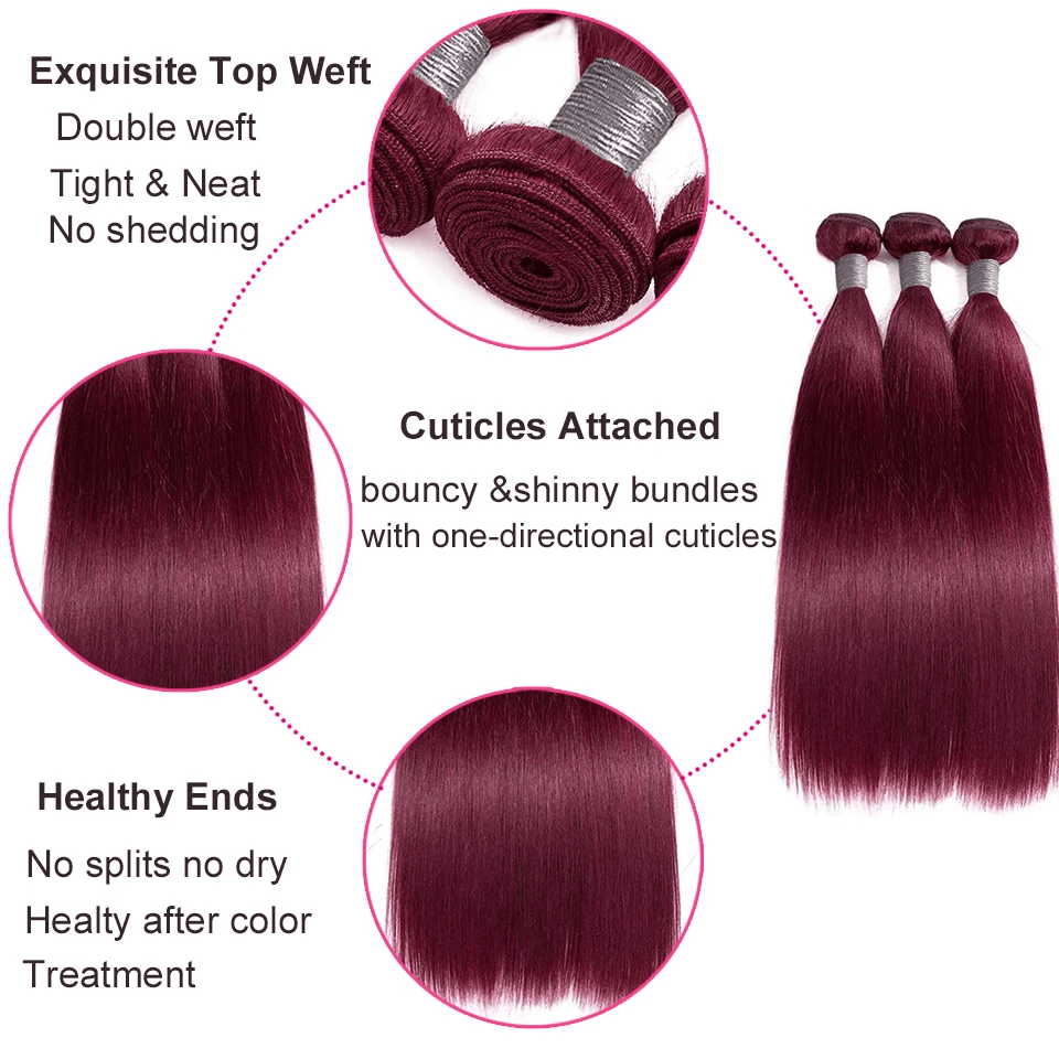Straight 99J# Color 3 Bundles With 4*4 Transparent Lace Closure 100% Human Hair