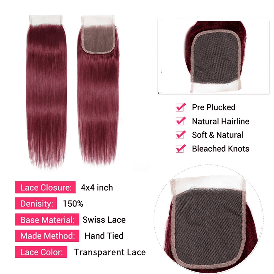 Straight 99J# Color 3 Bundles With 4*4 Transparent Lace Closure 100% Human Hair