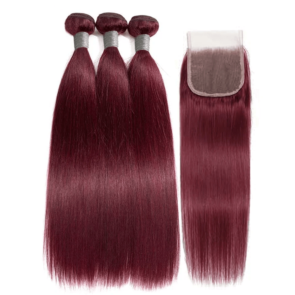 Straight 99J# Color 3 Bundles With 4*4 Transparent Lace Closure 100% Human Hair