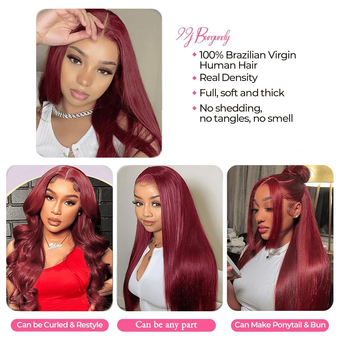 SL'HAIR Straight 99J# Color 3 Bundles With 13*4 Transparent Lace Frontal 100% Human Hair