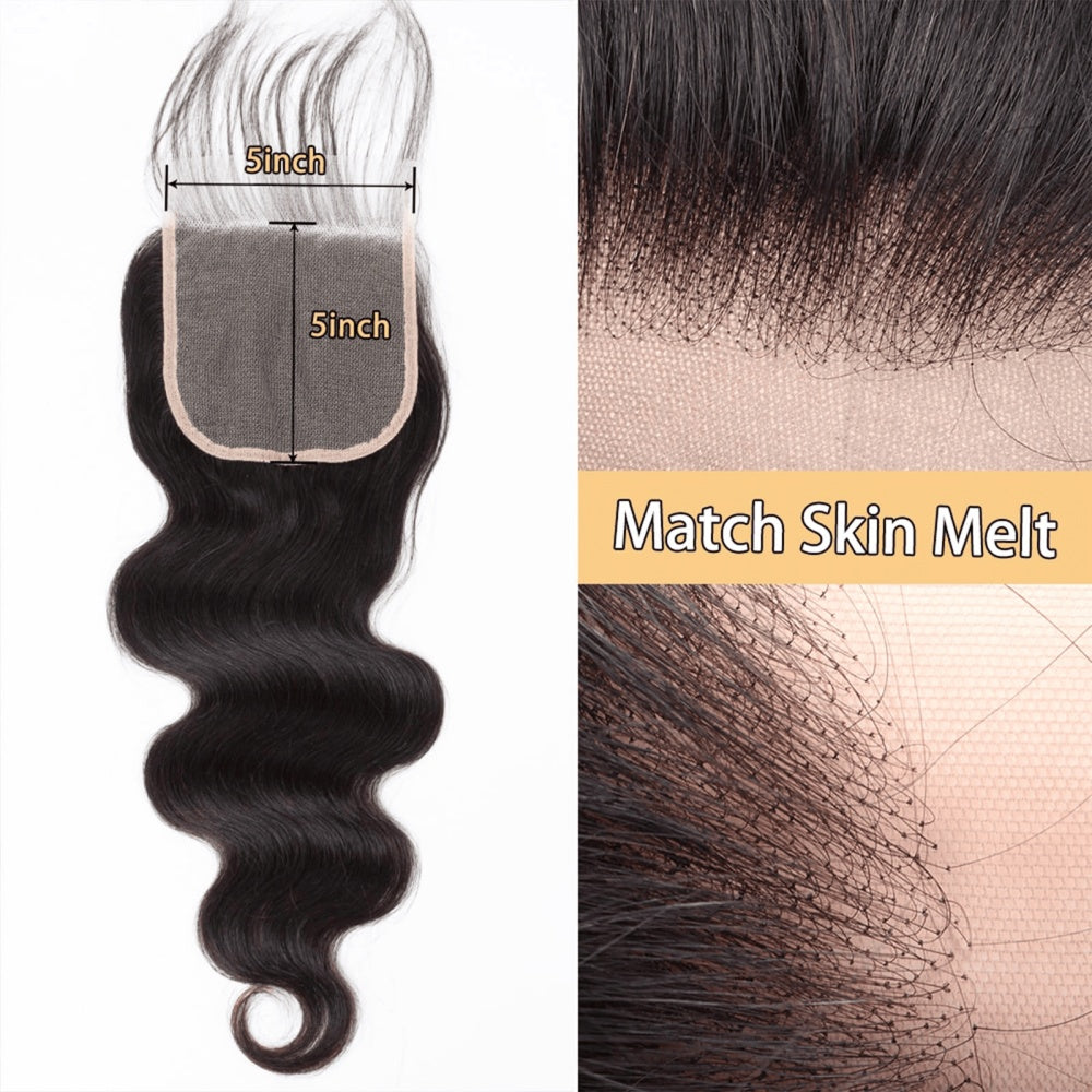 SL'HAIR 5x5 Invisible Real HD Lace Closure with 3 Bundles 100% Human Hair Body Wave