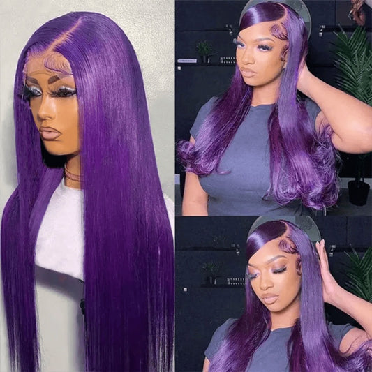 SL'HAIR Dark Purple Color Real HD Lace 134136 Frontal Wig Straight Pre Plucked
