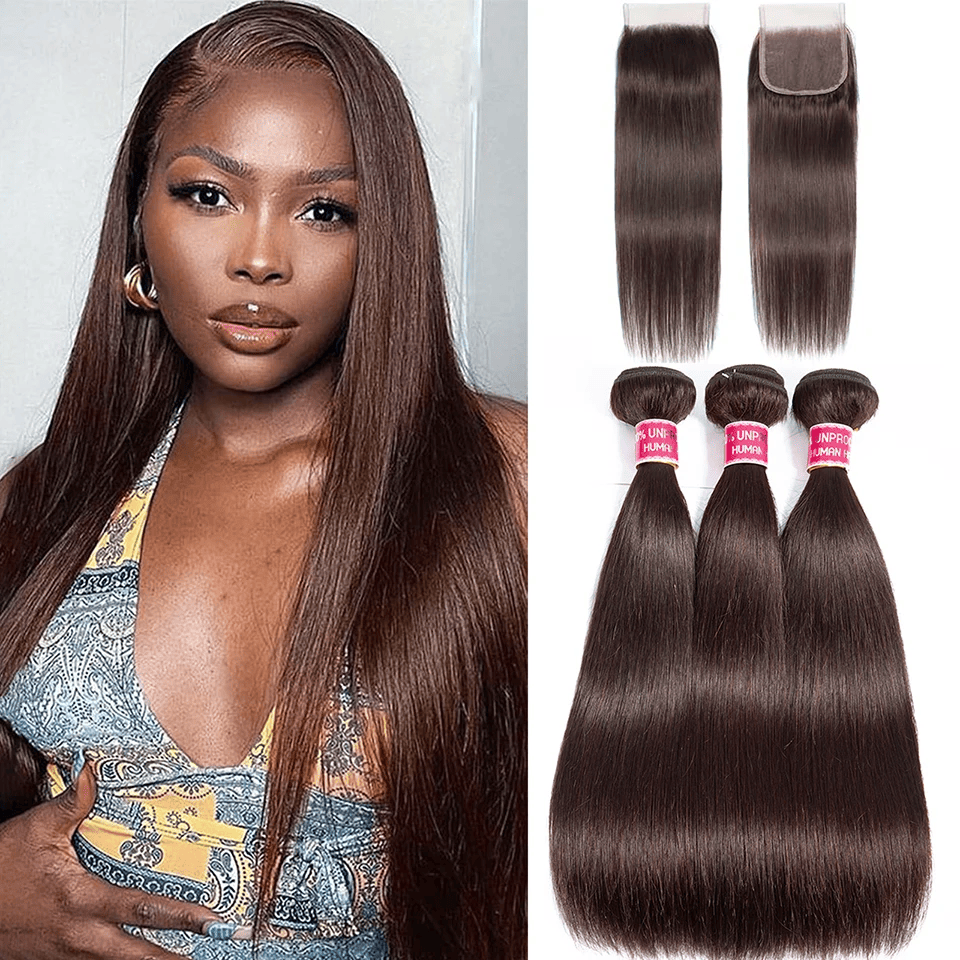 Straight 2# Color 3 Bundles With 4*4 HD Lace Closure 100% Human Hair
