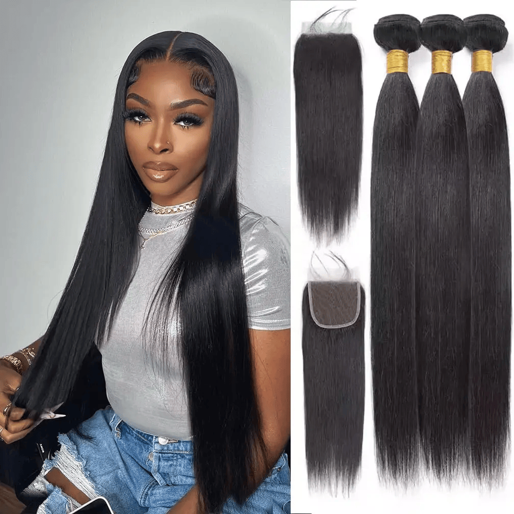 Straight 1B# Color 3 Bundles With 4*4 Transparent Lace Closure 100% Human Hair