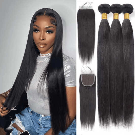 Straight 1B# Color 3 Bundles With 4*4 Transparent Lace Closure 100% Human Hair