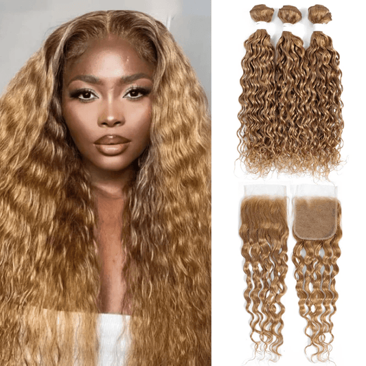 SL'HAIR Water Wave  27# Color 3 Bundles With 4*4 HD Lace Closure 100% Human Hair