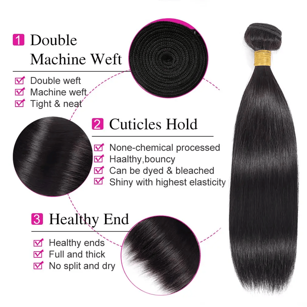 SL'HAIR Straight 1B# Color 3 Bundles With 4*4 HD Lace Closure 100% Human Hair
