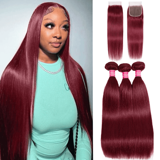 SL'HAIR Straight 99J# Color 3 Bundles With 4*4 HD Lace Closure 100% Human Hair