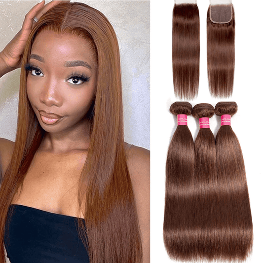 SL'HAIR Straight 33# Color 3 Bundles With 4*4 HD Lace Closure 100% Human Hair