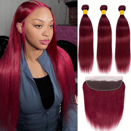 SL'HAIR Straight 99J# Color 3 Bundles With 13*4 Transparent Lace Frontal 100% Human Hair