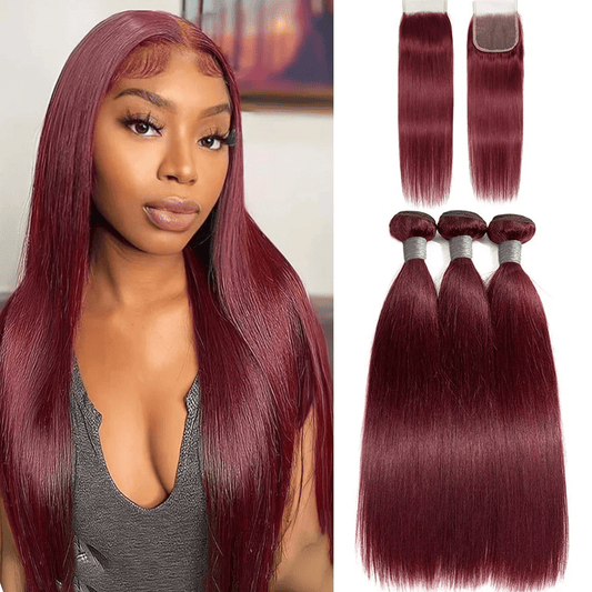 Straight 99J# Color 3 Bundles With 4*4 Transparent Lace Closure 100% Human Hair