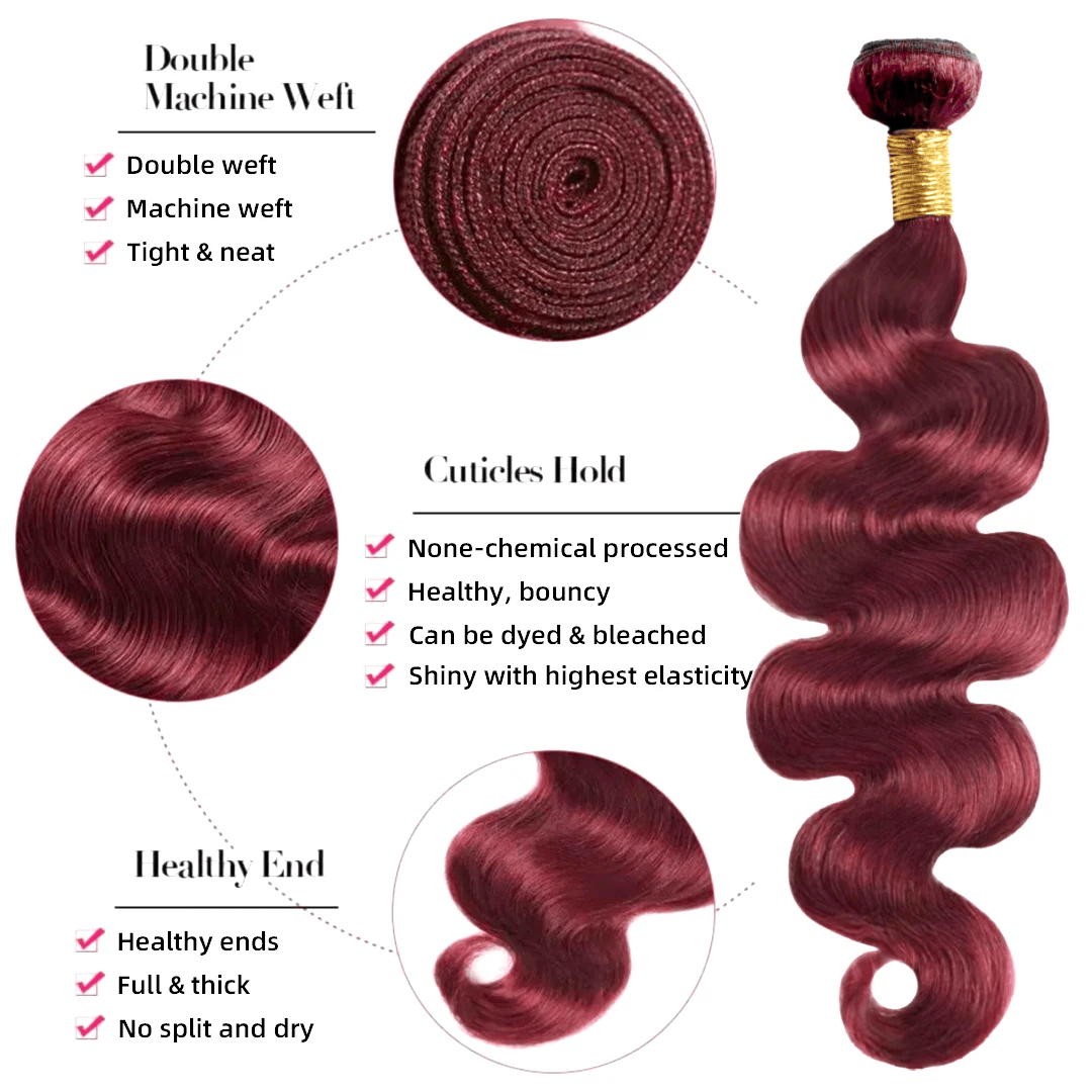 SL'HAIR 3Pcs 99J Color Wave Bundles 100% Human Remy Hair