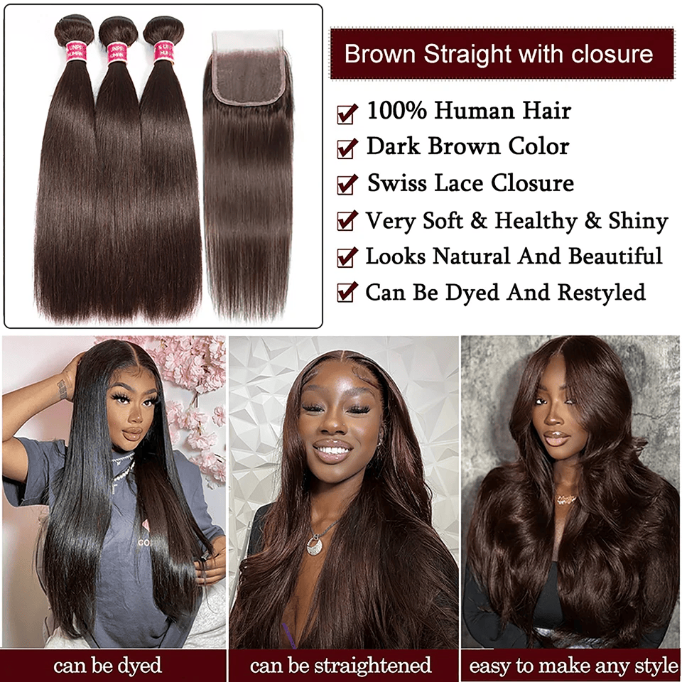 Straight 2# Color 3 Bundles With 4*4 HD Lace Closure 100% Human Hair