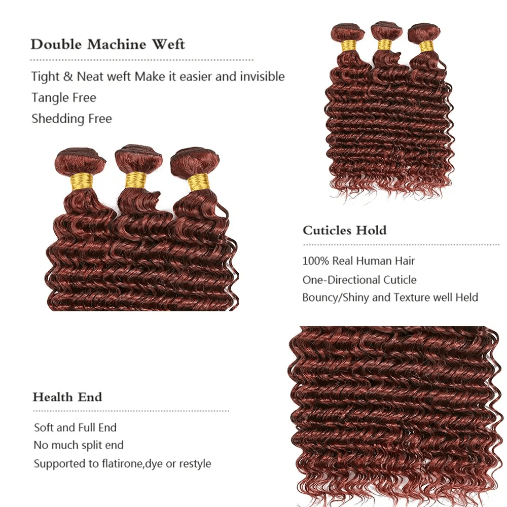 3Pcs 33# Brown Color Deep Wave Bundles 100% Human Hair Brazilian Hair