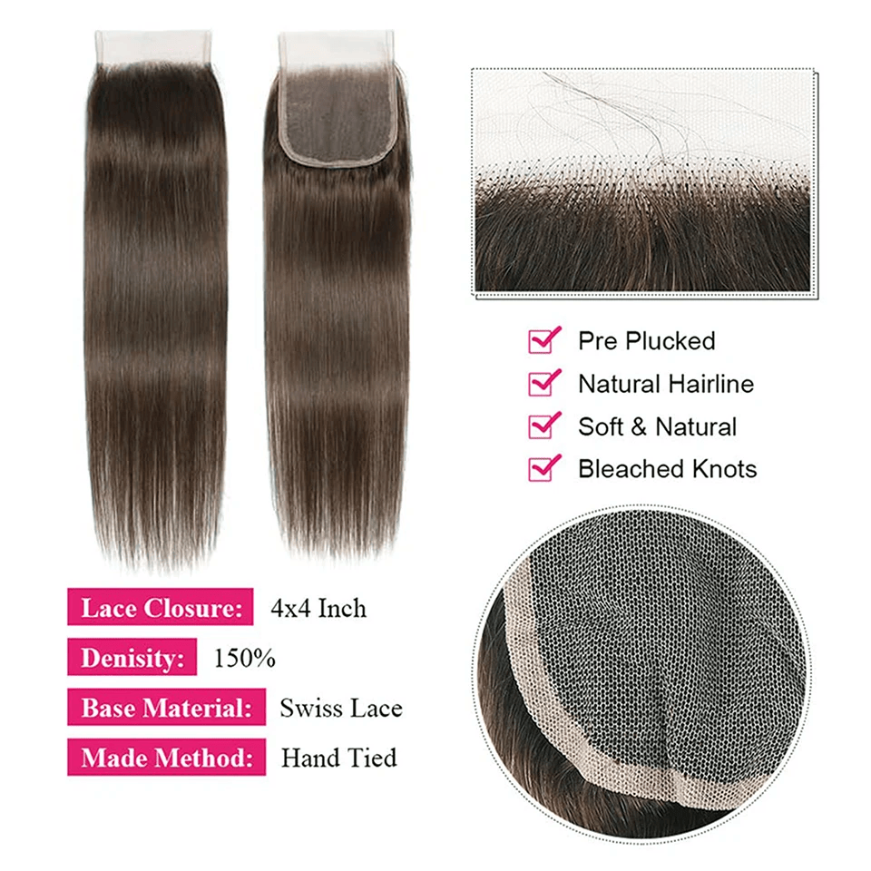 Straight 2# Color 3 Bundles With 4*4 HD Lace Closure 100% Human Hair