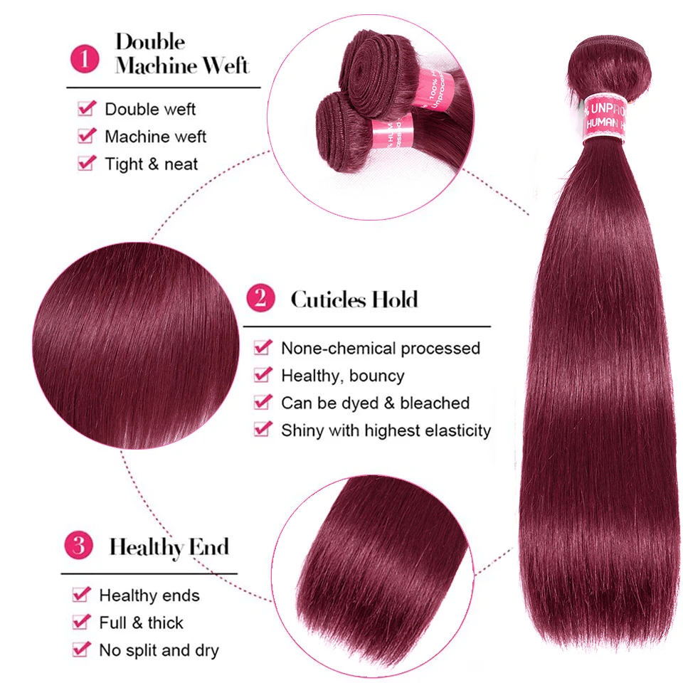 SL'HAIR Straight 99J# Color 3 Bundles With 4*4 HD Lace Closure 100% Human Hair