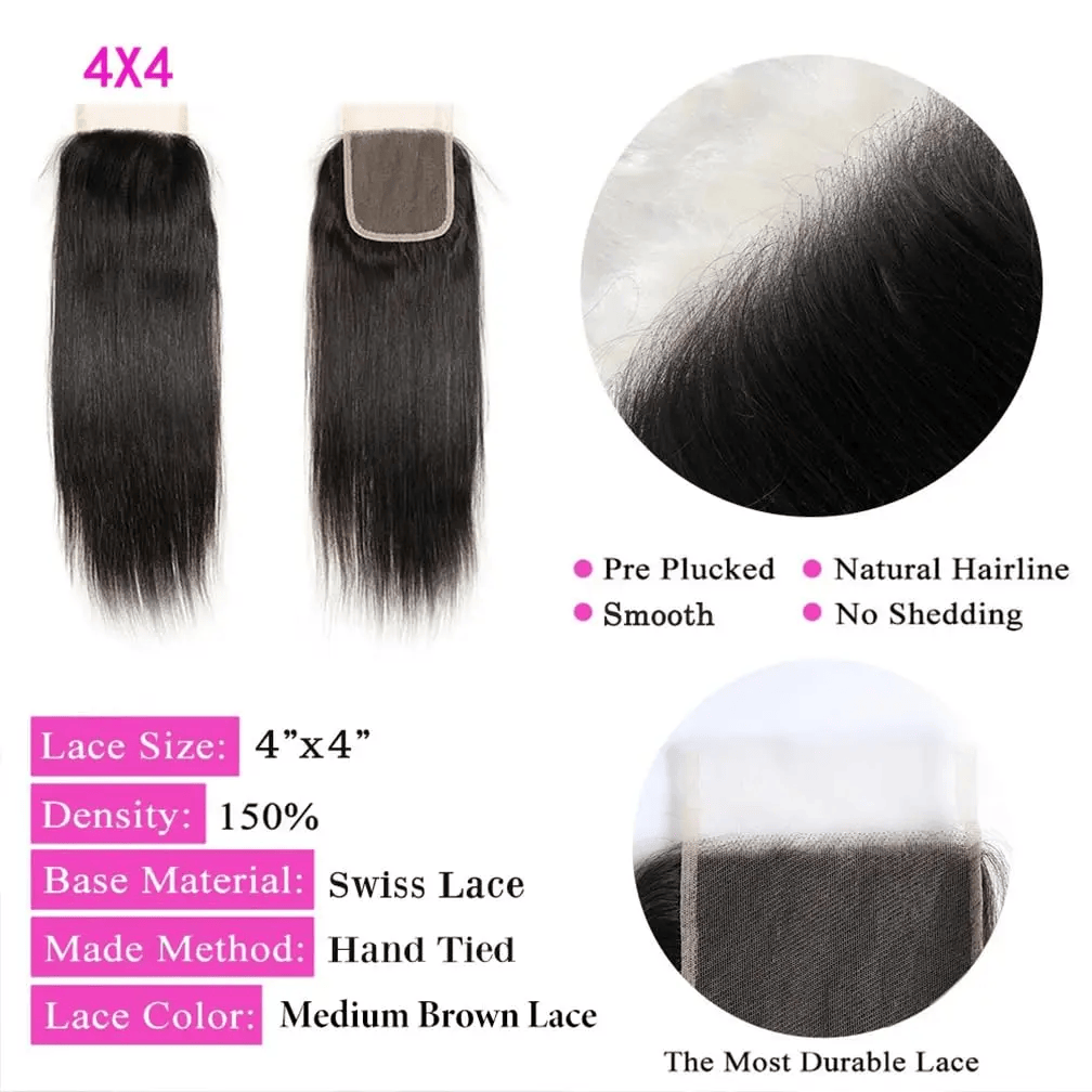 SL'HAIR Straight 1B# Color 3 Bundles With 4*4 HD Lace Closure 100% Human Hair