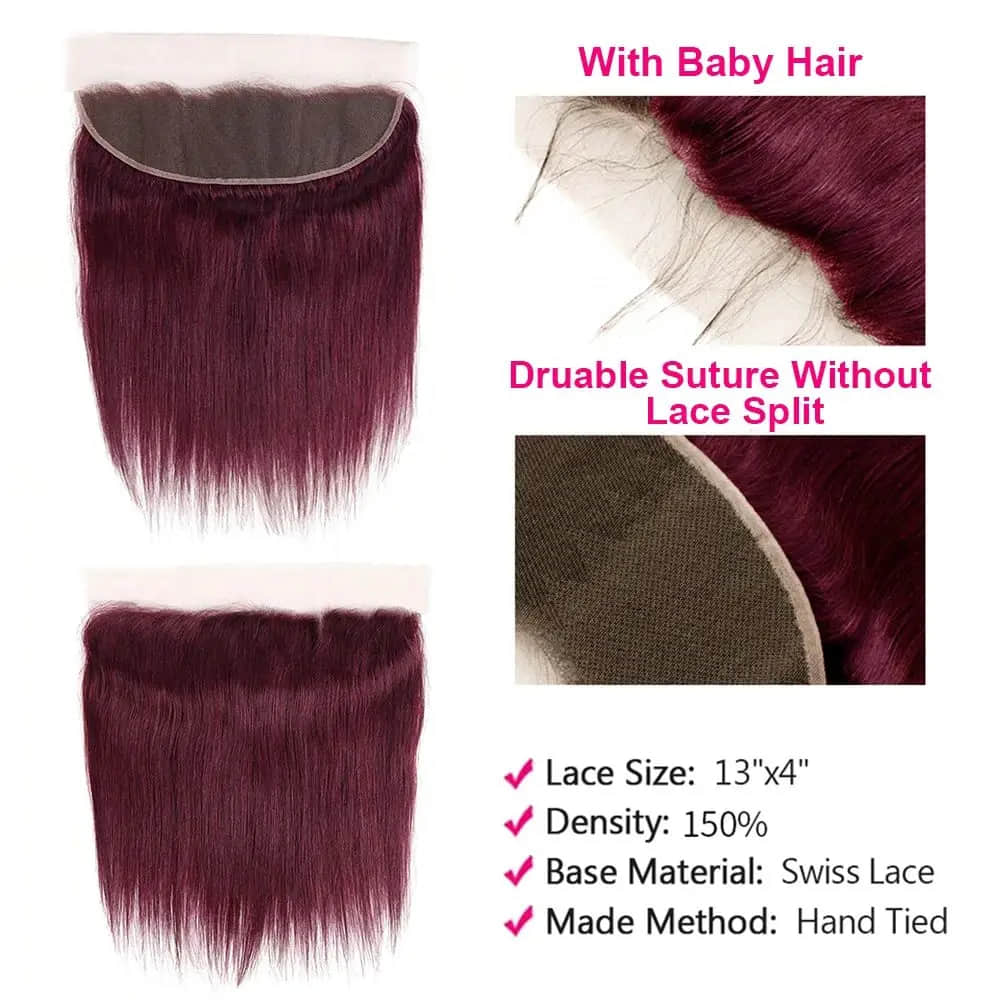 SL'HAIR Straight 99J# Color 3 Bundles With 13*4 Transparent Lace Frontal 100% Human Hair