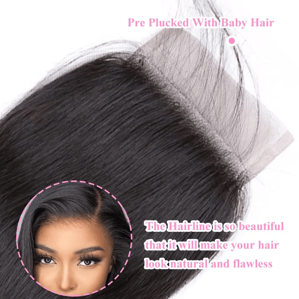 Straight 1B# Color 3 Bundles With 4*4 Transparent Lace Closure 100% Human Hair