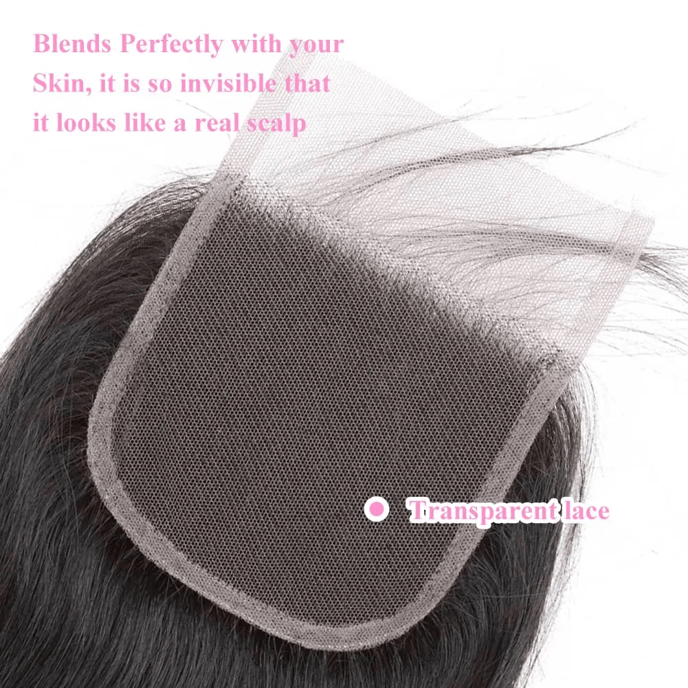 SL'HAIR Straight 1B# Color 3 Bundles With 4*4 HD Lace Closure 100% Human Hair
