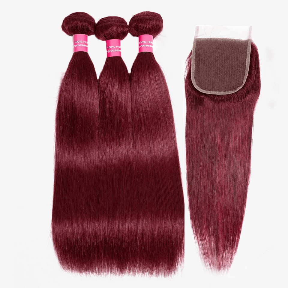 SL'HAIR Straight 99J# Color 3 Bundles With 4*4 HD Lace Closure 100% Human Hair