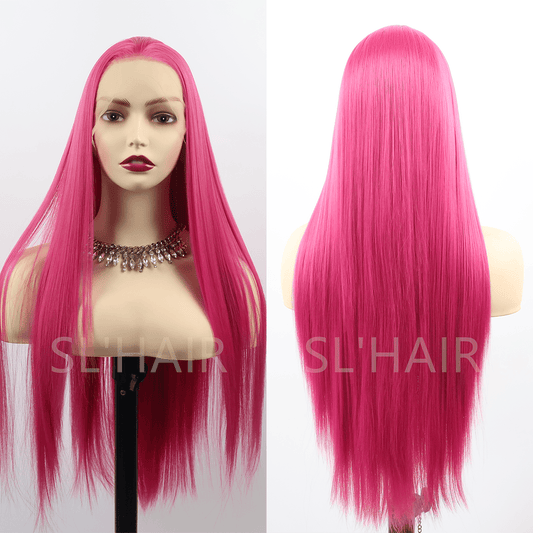 Rose Red Yellow Color 13*4 Synthetic  Lace Front Straight Wig WLF4002