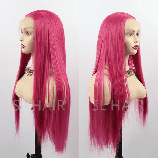 SL'HAIR Rose Red Yellow Color 13*4 Synthetic  Lace Front Straight Wig DLF002