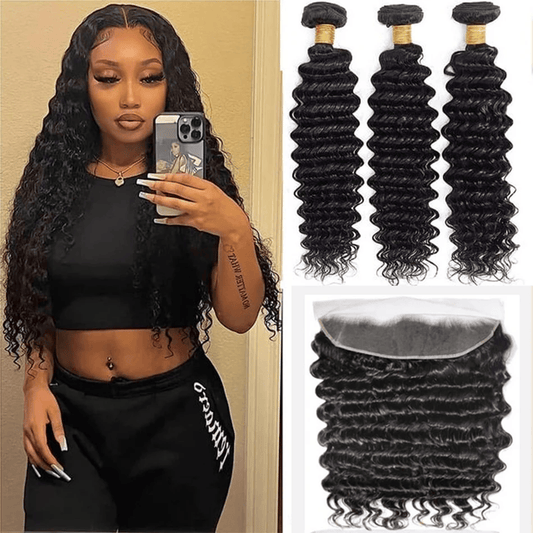 SL'HAIR 13*4 Invisible Real HD Lace Closure with 3 Bundles 100% Human Hair Deep Wave