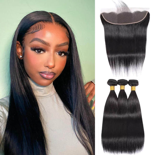SL'HAIR 13*4 Invisible Real HD Lace Closure with 3 Bundles 100% Human Hair Straight