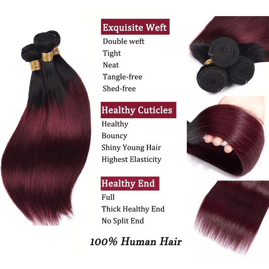 SL'HAIR 3Pcs 1BT99J Ombre Color Straight Bundles 100% Human Remy Hair