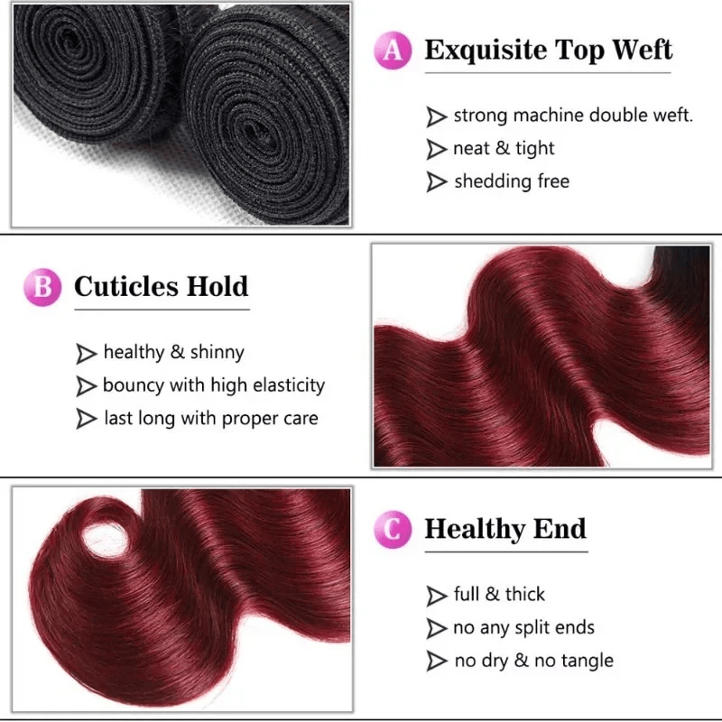 SL'HAIR 3Pcs 1BT99J Ombre Color Wave Bundles 100% Human Remy Hair