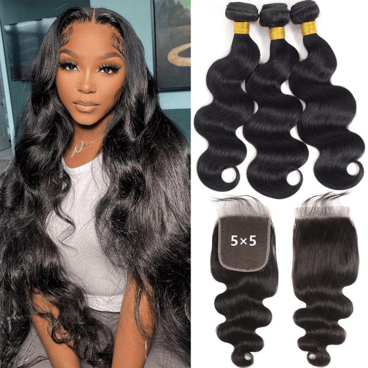 SL'HAIR 5x5 Invisible Real HD Lace Closure with 3 Bundles 100% Human Hair Body Wave