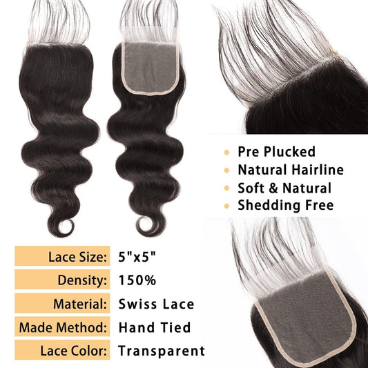 SL'HAIR 5x5 Invisible Real HD Lace Closure with 3 Bundles 100% Human Hair Body Wave