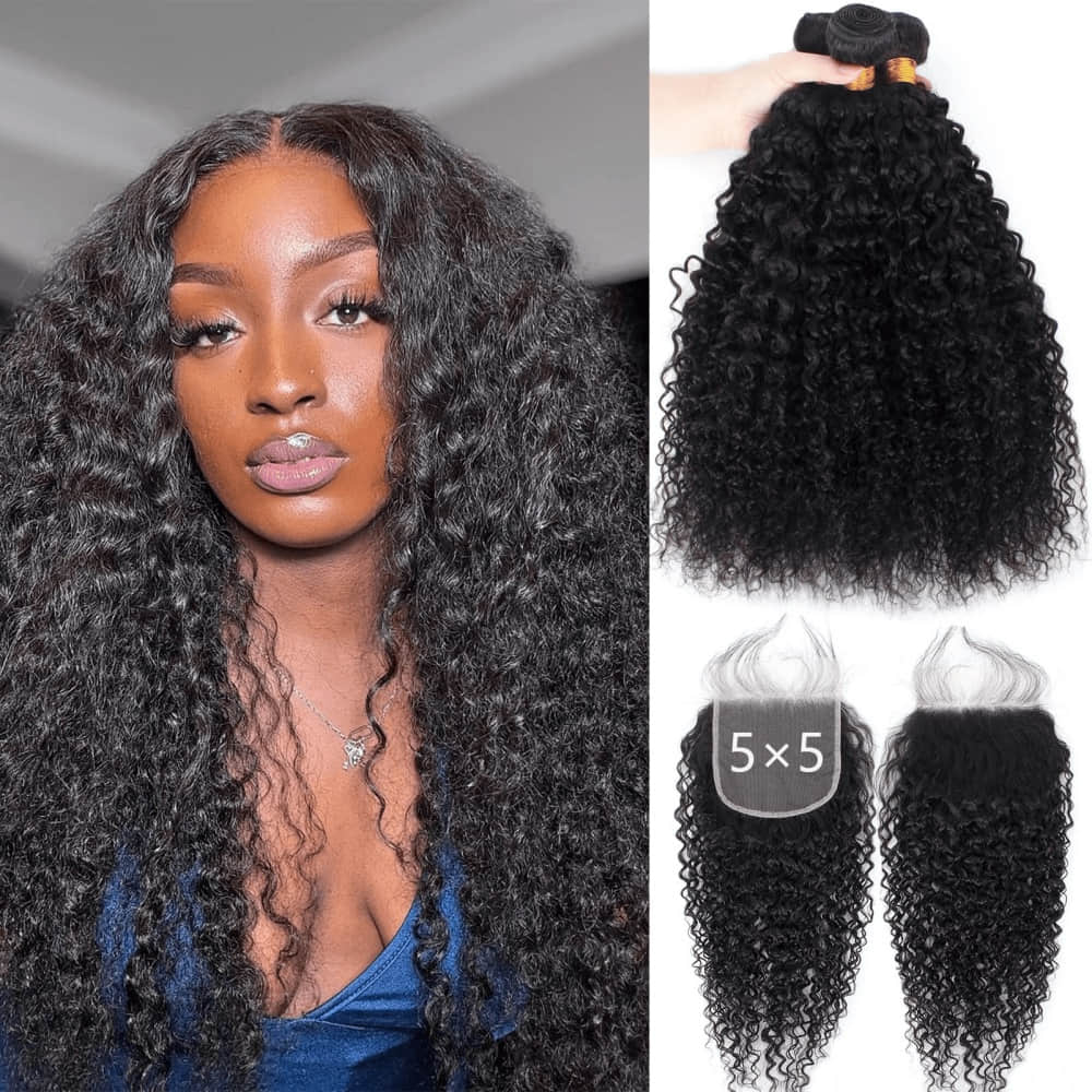 SL'HAIR 5x5 Invisible Real HD Lace Closure with 3 Bundles 100% Human Hair Kinky Curly