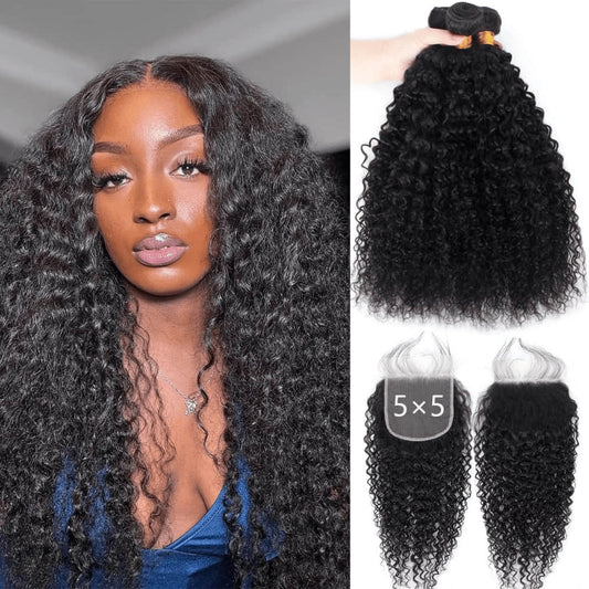 SL'HAIR 5x5 Invisible Real HD Lace Closure with 3 Bundles 100% Human Hair Kinky Curly