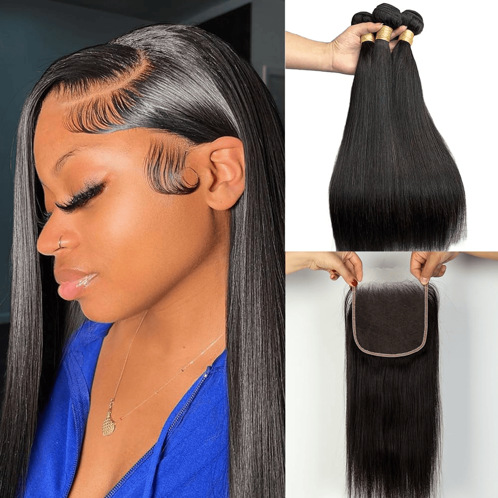 SL'HAIR 5x5 Invisible Real HD Lace Closure with 3 Bundles 100% Human Hair Straight