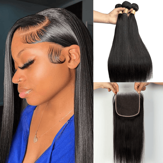 SL'HAIR 5x5 Invisible Real HD Lace Closure with 3 Bundles 100% Human Hair Straight