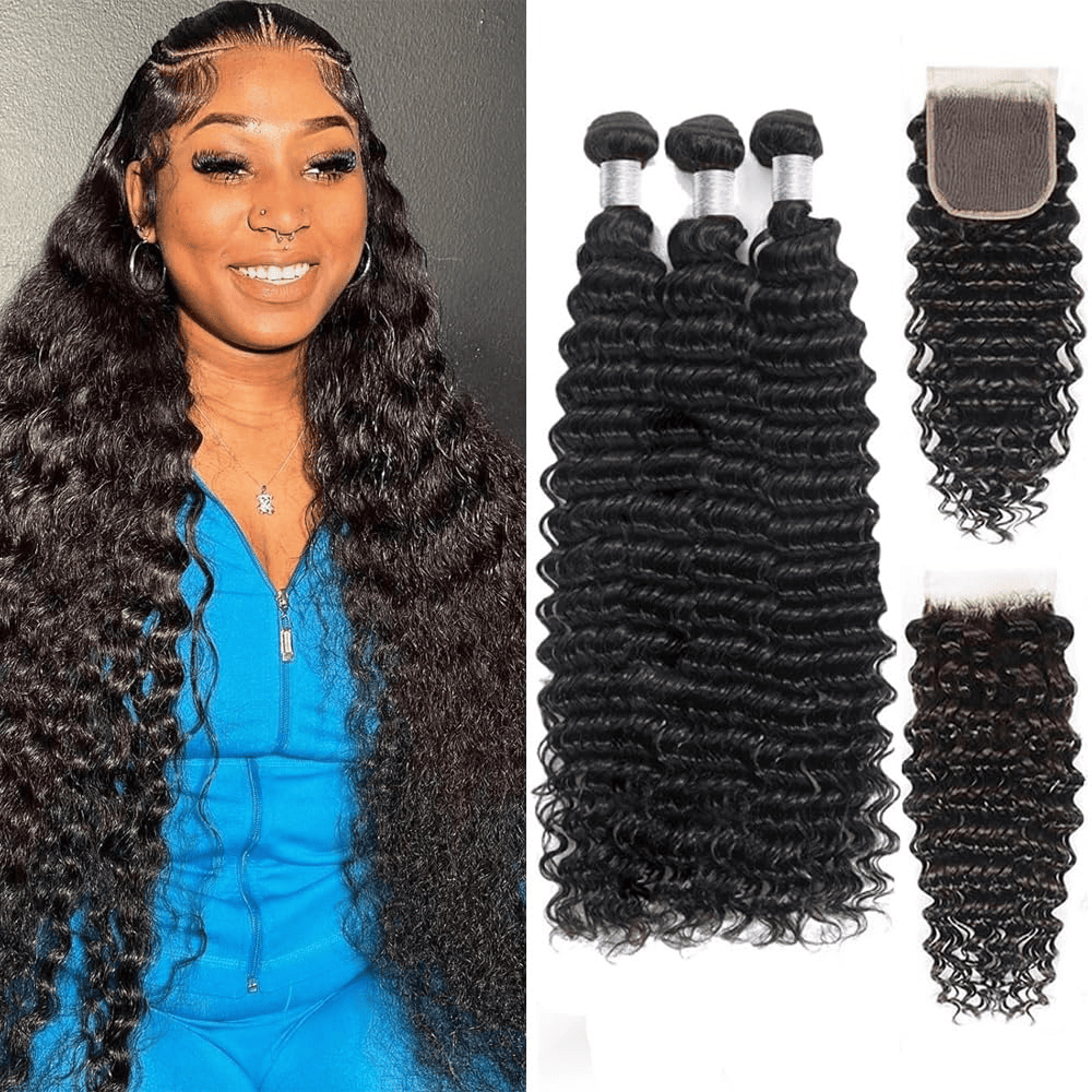SL'HAIR 5x5 Invisible Real HD Lace Closure with 3 Bundles 100% Human Hair deep Wave