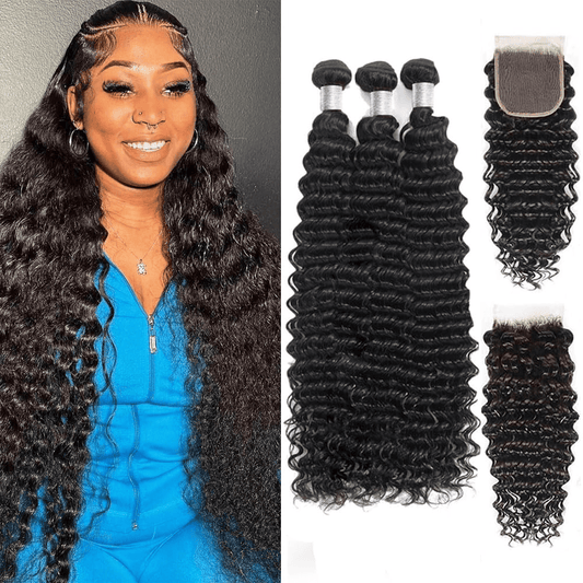 SL'HAIR 5x5 Invisible Real HD Lace Closure with 3 Bundles 100% Human Hair deep Wave