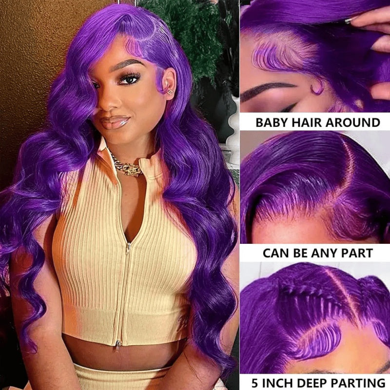 SL'HAIR Dark Purple Color Real HD Lace 13*4/13*6 Frontal Wig Body Wave Pre Plucked