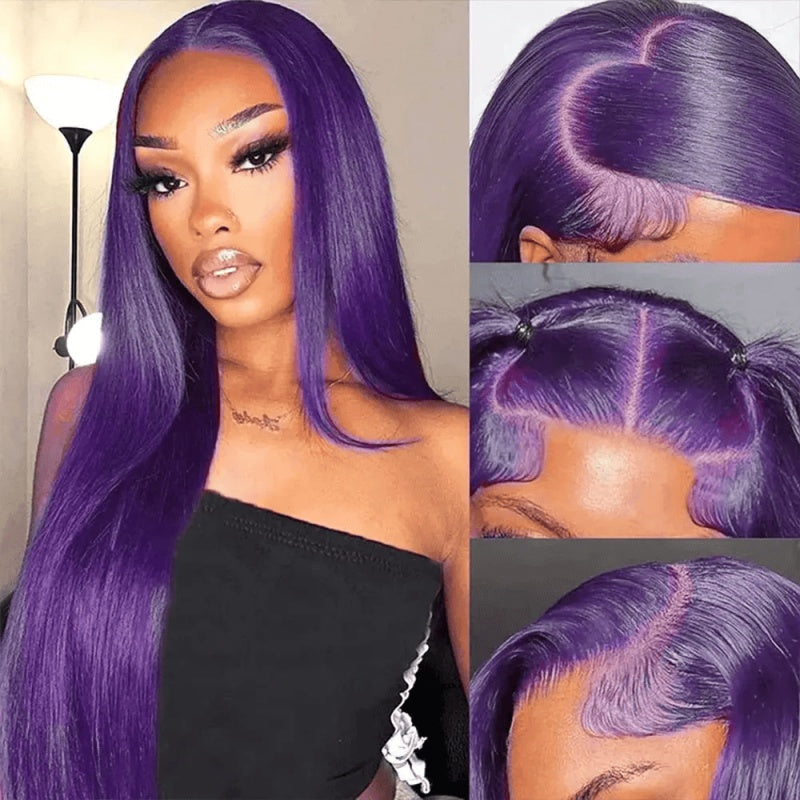 SL'HAIR Dark Purple Color Real HD Lace 134136 Frontal Wig Straight Pre Plucked