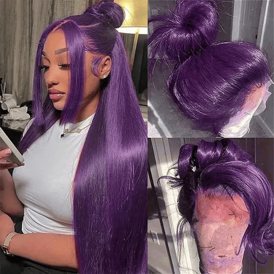 SL'HAIR Dark Purple Color Real HD Lace 134136 Frontal Wig Straight Pre Plucked