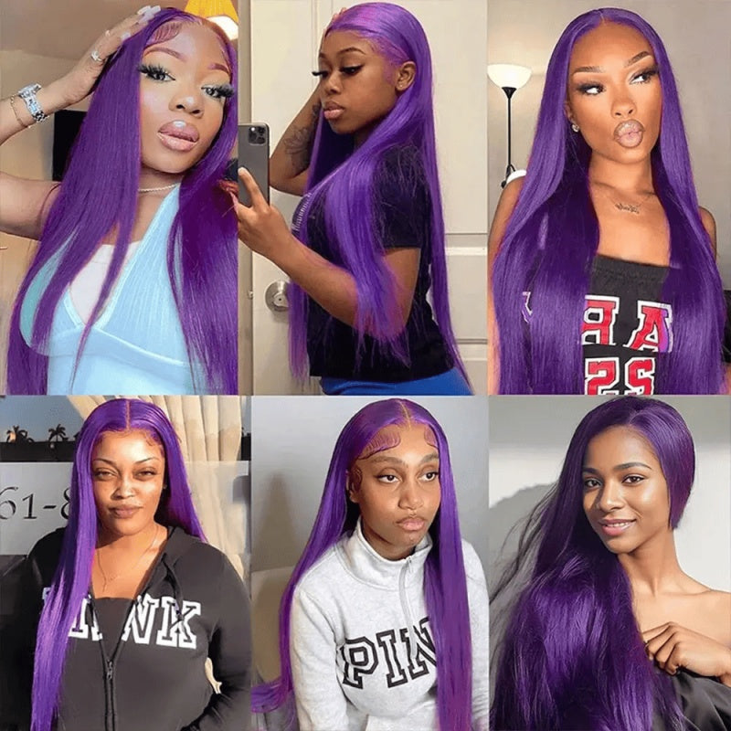SL'HAIR Dark Purple Color Real HD Lace 134136 Frontal Wig Straight Pre Plucked